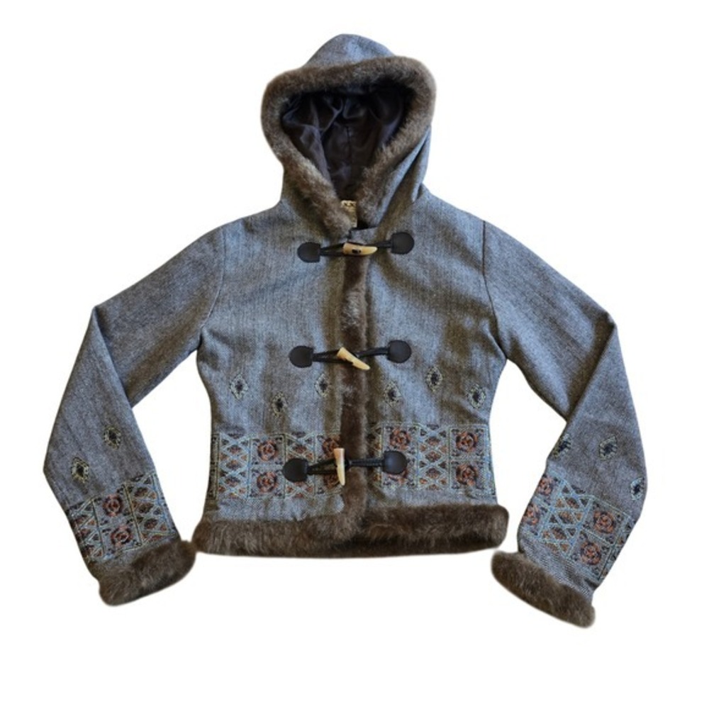 Vtg XXI Herringbone Wool Blend Toggle Jacket Faux Fur Trim Boho Brown Small Y2k